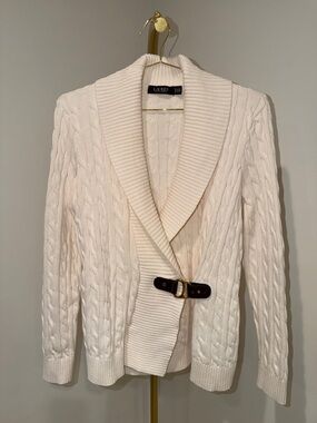 Ralph Lauren Ivory Cable Knit Shawl-Collar Cardigan with Buckle
